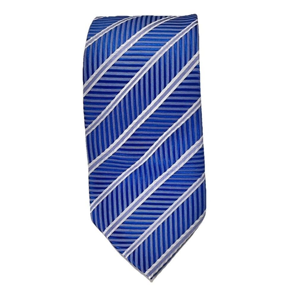 YanLen 100% Silk Tie Blue & White Geometric Striped Hand Made Men’s Necktie